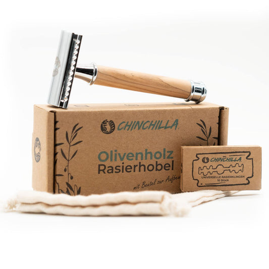 Chinchilla® Rasierhobel Olivenholz inkl. 10 Rasierklingen & Beutel - Chinchilla - Wildnissport