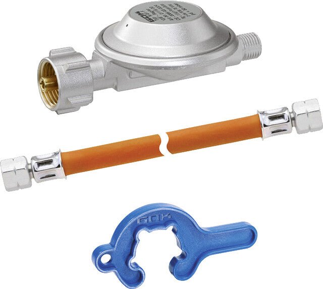 GOK Regler Schlauch Set GOK Typ EN61 1,5 kg/h 50 mbar KLF x G 1/4 LH-ÜM Schlauch 800 mm - Wildnissport - Wildnissport