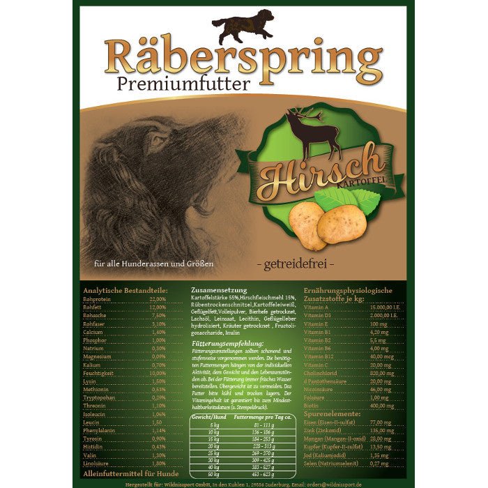 Premiumfutter portofrei Hundefutter Hirsch 14kg - getreidefrei - Räerspring Hundefutter - Wildnissport